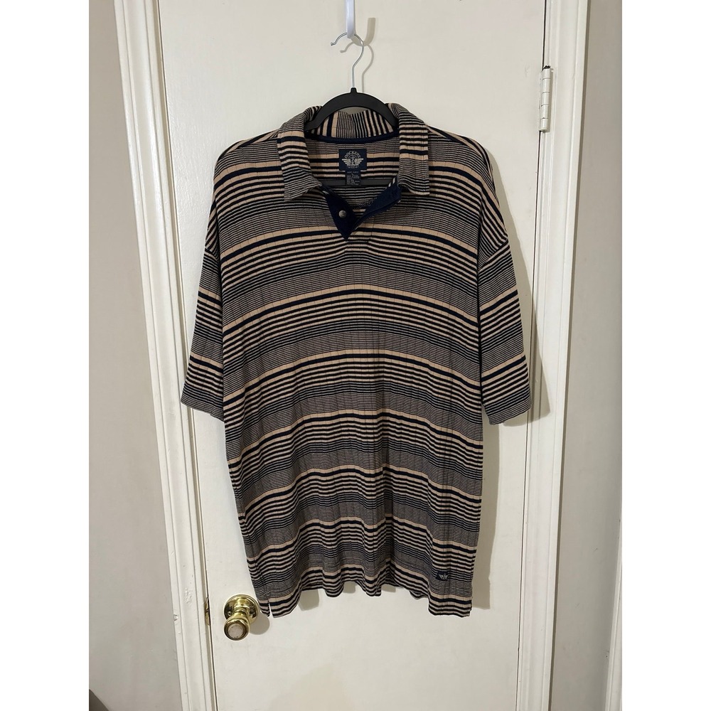 Dockers Men's Size Large Polo Short Sleeve Tan and Blue Striped